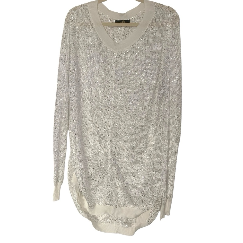 Joan Boyce Plus Size 2X White Sequin Embellished Knit Crochet Long Tunic Top